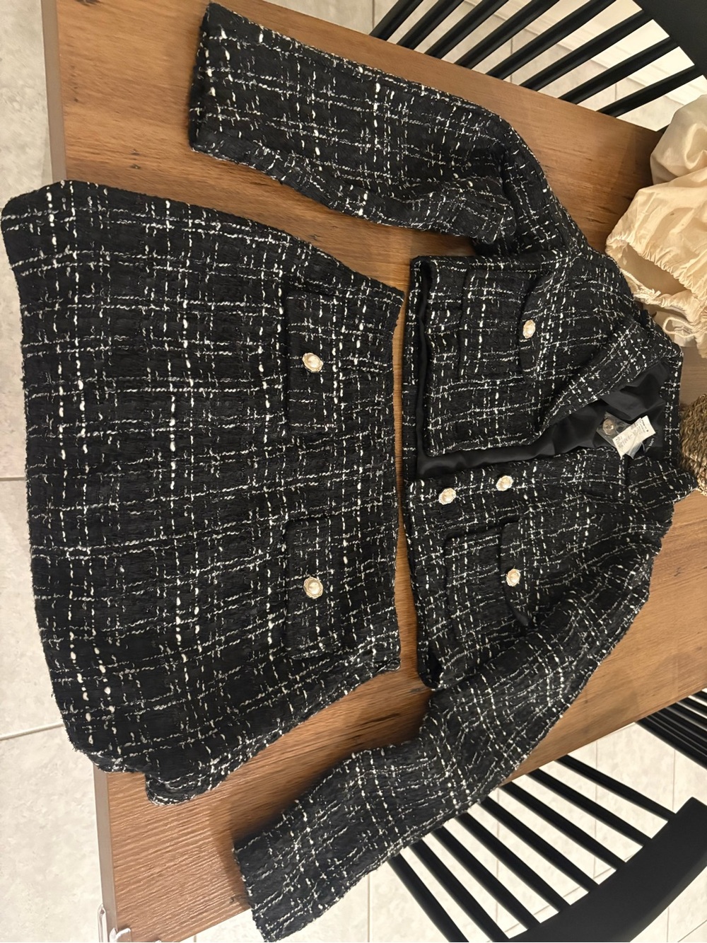 Love Tree Black & White Tweed Cropped Blazer with Pearl Buttons